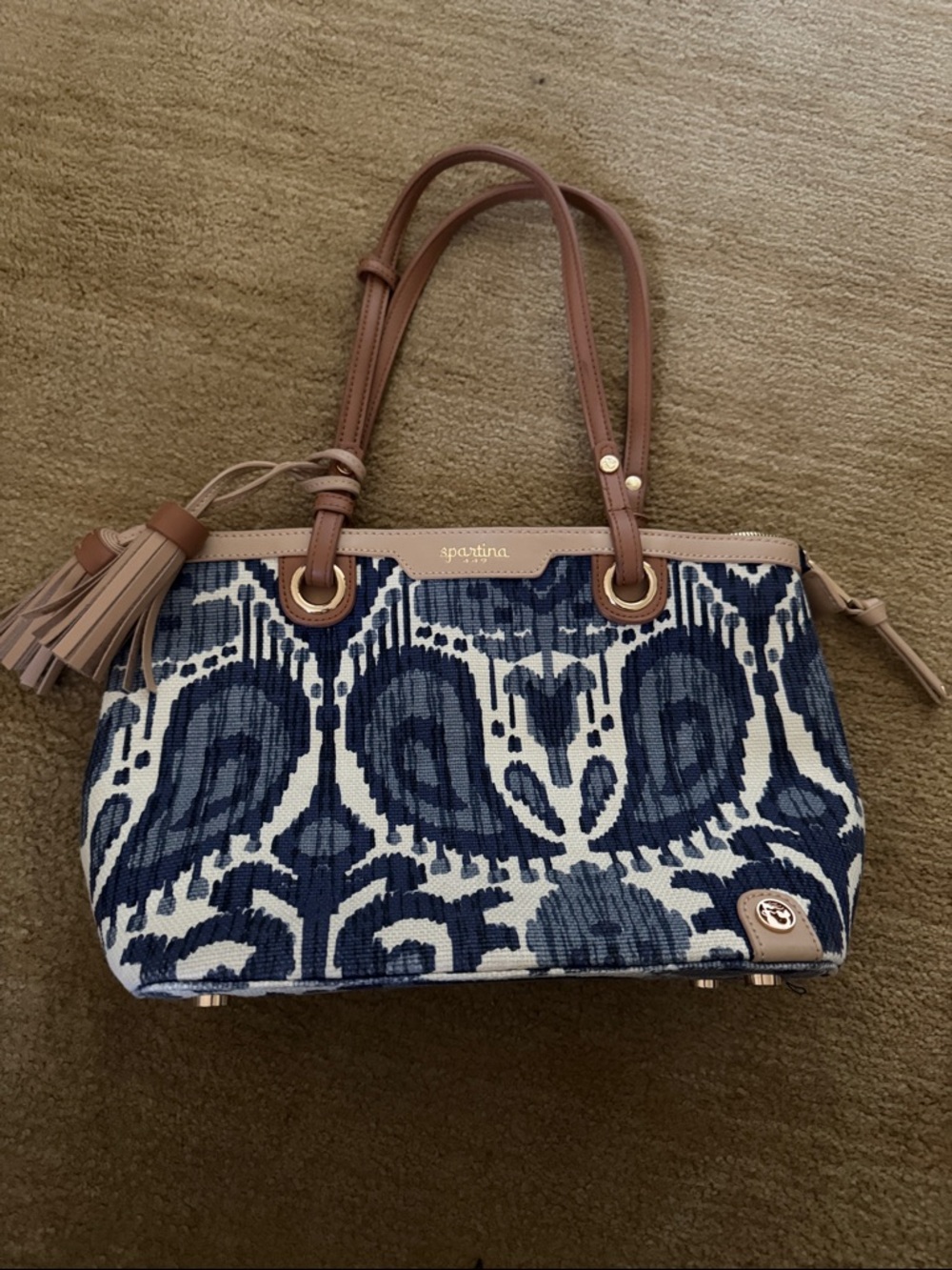 Spartina 449 Navy and Cream Ikat Tote with Tan Leather Handles
